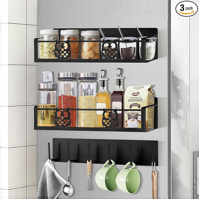 Magnetic Spice Rack for Refrigerator Organizers and Storage,Strong Magnet Metal Moveable No Drilling 3 Pack,Space Saving Kitchen Organization Kitchen Shelf with Hooks(Black,Owl)