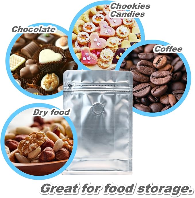 150 Pack High Barrier Stand-Up Coffee Bean Bags with Vented Valve, Matte Metallic, Heat-Sealable and Resealable Solid Color Pouches for Food Storage (6 * 12.8 inch,2 lb,32 oz,Silver)