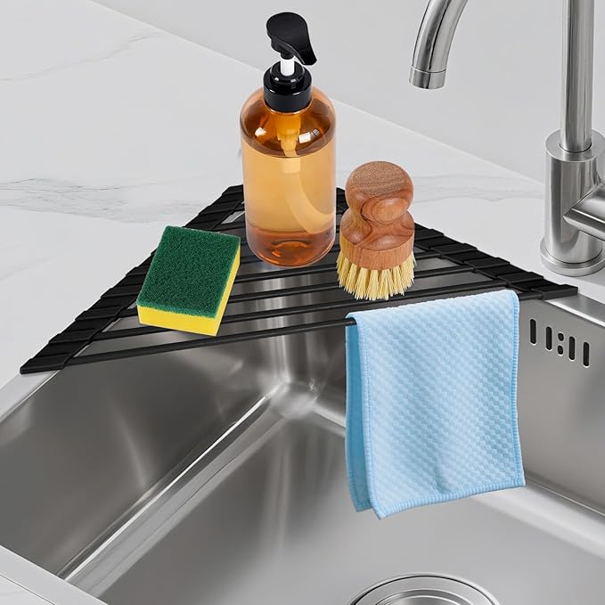 Triangular Sink Rack, Multi-Functional Rack Above The countertop, Foldable Sink Drying mat, Heat-Resistant, Non-Slip, and Rust-Proof Dish Rack (Black)