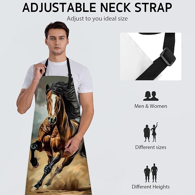 Majestic Horse Apron, Adjustable Kitchen Dynamic Desert Scene Design Aprons with Pockets for Cooking BBQ Gardening, 28×33 IN, Holiday Gifts for Women Men Wife, for Chef Baking, Oxford Fabric