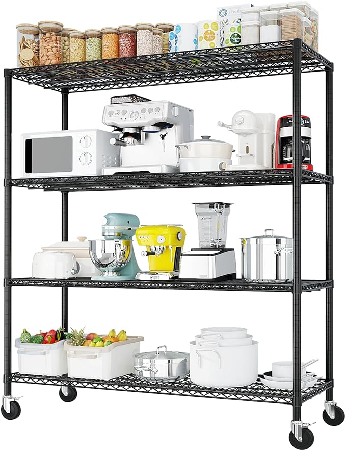 Karl home Heavy Duty 4-Tier Storage Shelving with 4" Wheels, Adjustable NSF Metal Shelves Wire Storage Rack for Garage Kitchen Basement,2500LBS Capacity 75.59" H X 55.12" W X 23.62" D,Black