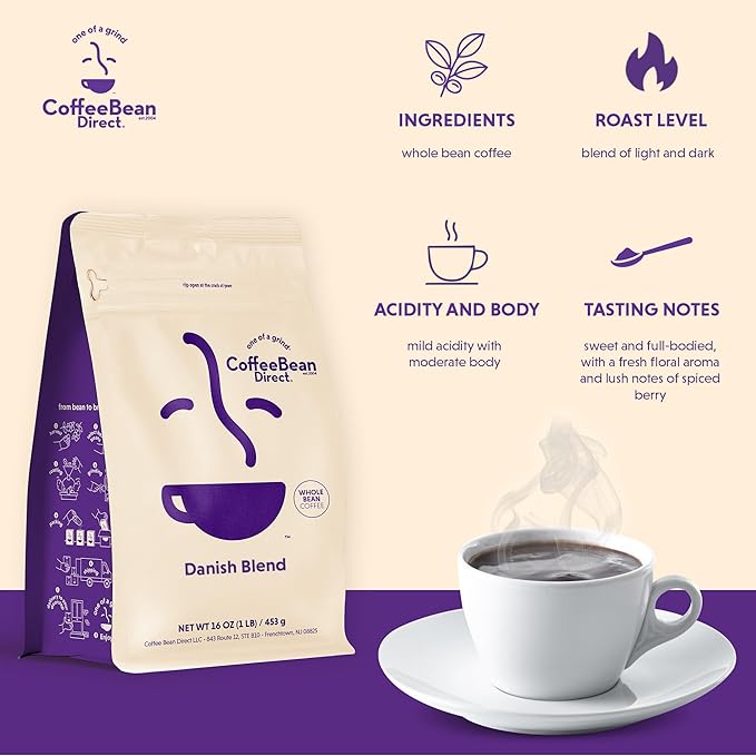 Coffee Bean Direct Danish Blend, Whole Bean Coffee, Dark Roast, 1 Pound Bag (Pack of 1)