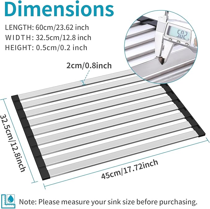17.7" x 12.8" Roll-Up Dish Drying Rack Over Sink - Kitchen Sink Cover and Organizer Gadget with Foldable Stainless Steel Drainer and Sink Mat, Silver Dish Rack - Small