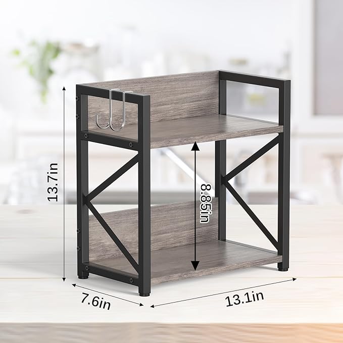 Spice-Rack-Organizer-Shelf for Kitchen Counter, 2 Tiers Coffee Bar Station Organizer for Countertop，Space Saving Desk Shelving Riser Unit (Grey, Medium)