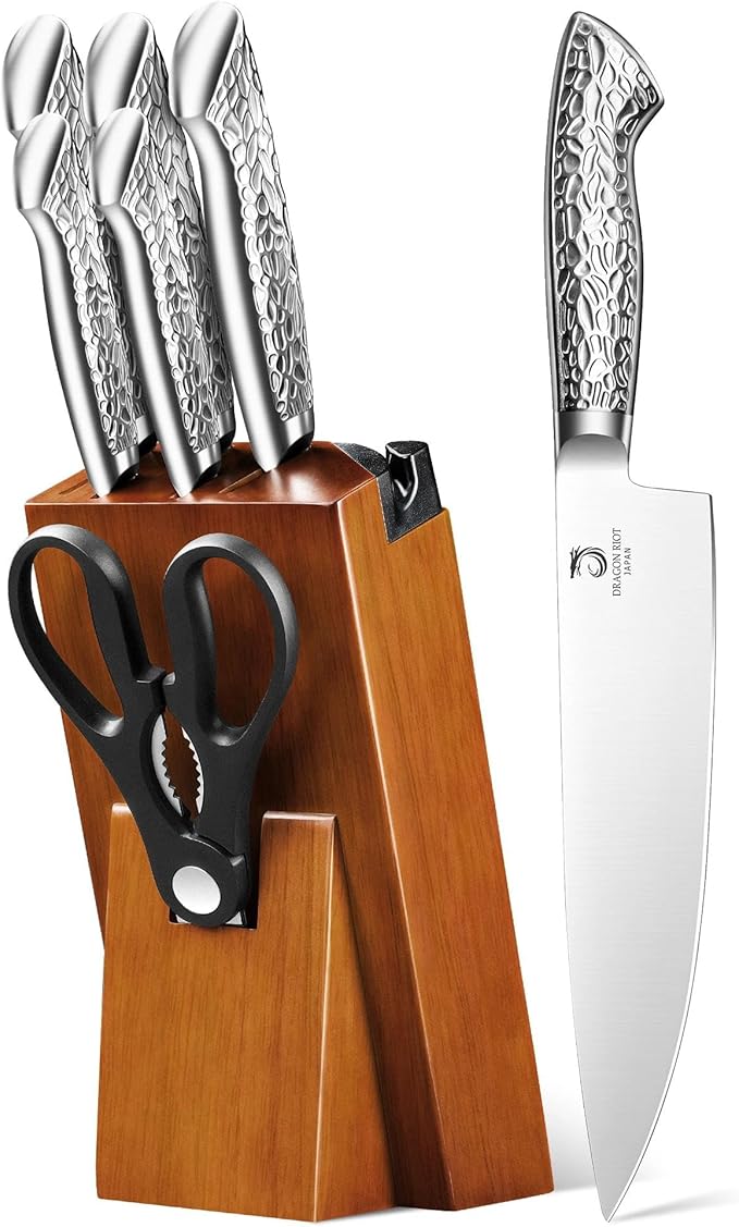DRAGON RIOT Knife Set with Wood Block - Stainless Steel Kitchen Knives Block Set with Built in Sharpener, Dishwasher Safe, Non-Slip Ergonomic Handle - Gift for Men Women and Housewarming