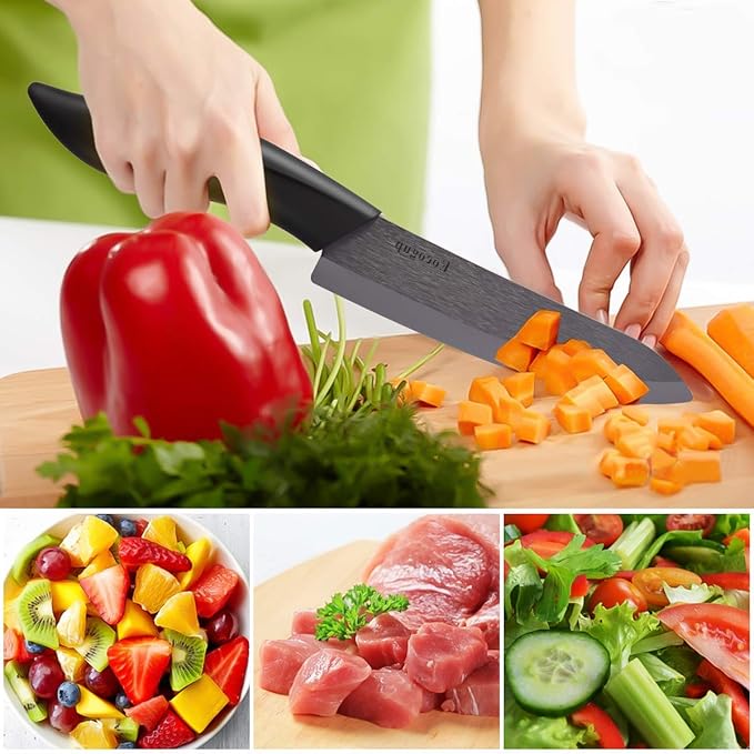Updated Version Ceramic Knife Set 4-Piece with Sheaths (Includes 3" Paring Knife, 4" Fruit Knife, 5" Utility Knife, 6" Chef Knife) for Home Kitchen(Black)