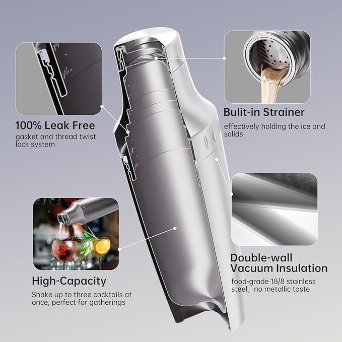 Hybrid Cocktail Shaker Set | Vacuum Insulated Stainless Steel Martini Shaker with Strainer & Jigger Lid | Travel cocktail kit with Bartender Accessory Tools | 30oz | Silver