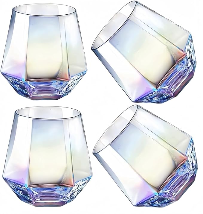 Wine Glasses Set Of 4,Stemless Wine Glass10 Oz Iridescent Glassware Modern Rainbow Wine Glass Colored Tumblers for Red Wine,Cocktail,Whiskey, Bourbon,Gift wine lovers (Iridescent)