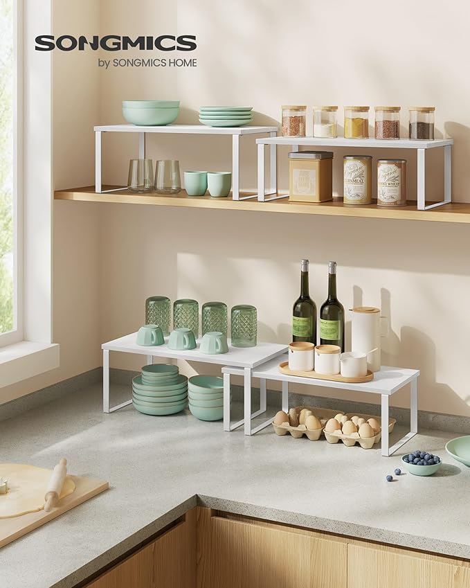 SONGMICS Cabinet Organizer Shelf, Set of 4 Kitchen Counter Shelves, Kitchen Storage, Spice Rack, Stackable, Expandable, Metal and Engineered Wood, Cloud White and Snow White UKCS028W01