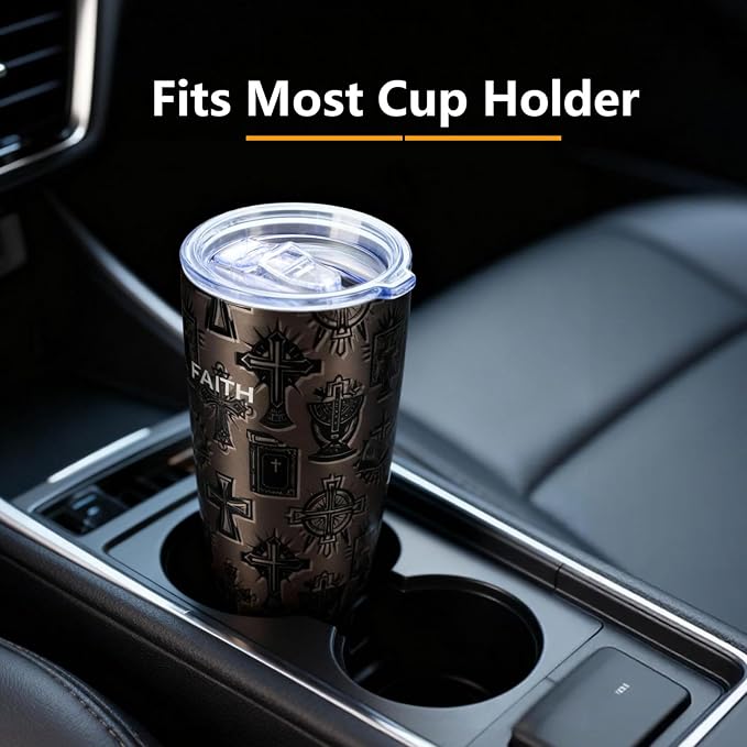 20oz Stainless Steel Double Insulated Tumbler | Christian Cross & Faith Design, Leak-Proof Travel Mug Cup for Hot/Cold Drinks, Ideal Pastor Appreciation/Catholic/Religious/Inspirational Gift