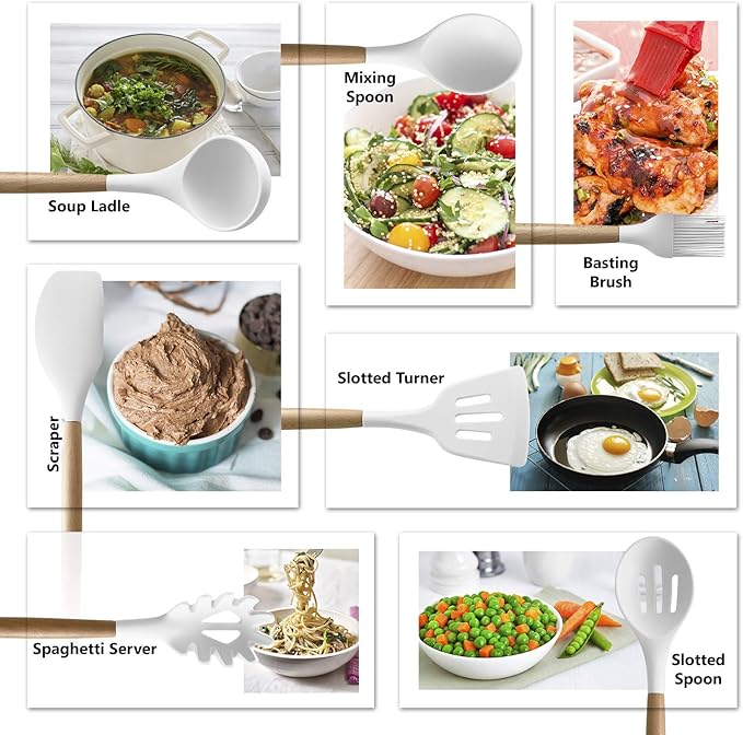 Silicone Cooking Utensils | Wooden Handle, Non-Stick Cookware Heat Resistant Kitchen Utensil Spatula, Slotted & Solid Spoon, Soup Ladle, Slotted Turner and Spaghetti Server - White