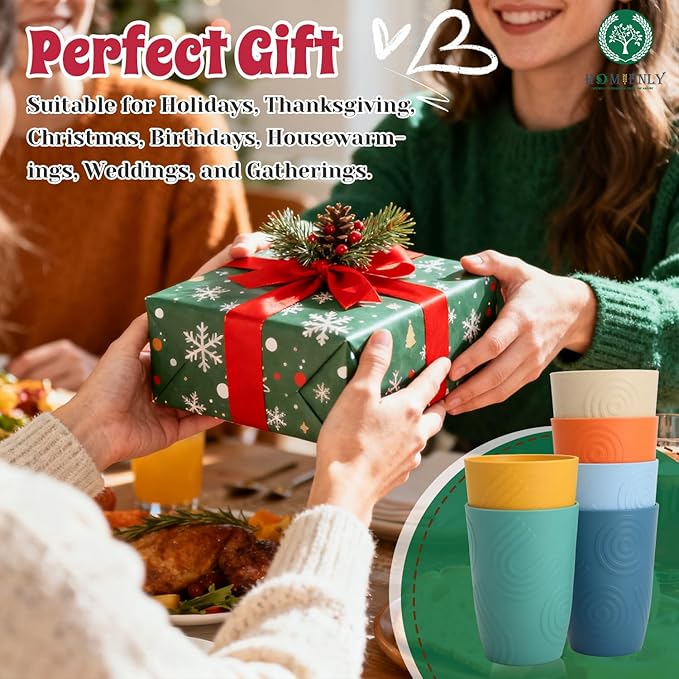 Wheat Straw Cups 6 PCS Plastic Cups Reusable Unbreakable Drinking Cup Dishwasher Safe Water Glasses with Unique Pattern (16 OZ)