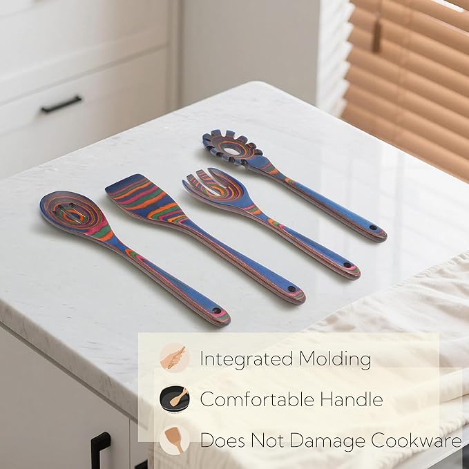 6-Piece Pakkawood Kitchen Utensils | Heat Resistant Pakkawood Utensils | Pakkawood Kitchen Cooking Utensil Set | Wooden Spoons for Cooking | Non-Sitck Cooking Spoons | Sapphire