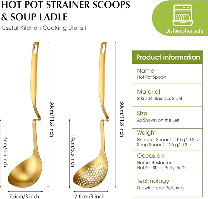 Patelai Hot Pot Slotted Ladle Set Stainless Steel Soup Ladle Strainer Scoops Cooking Skimmer Cookware Utensil for Hotpot Scooping Sauce Serving, 12 Inch(2 Pcs,Gold)