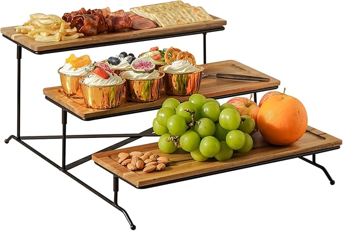 ZONEYILA 3 Tier Serving Stand with Wooden Serving Platter, 14 Inch Tier Serving Trays with Collapsible Sturdier Rack, Rectangle Cupcake Stand for Party