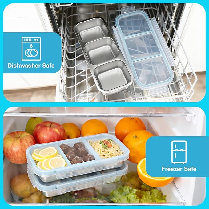 Snack Containers, 2Pack Steel Snackle Box Leakproof 3-Compartment Metal Bento Box with Airtight Lids, Reusable Food Storage Container for Lunch, Travel, Picnics, and Office