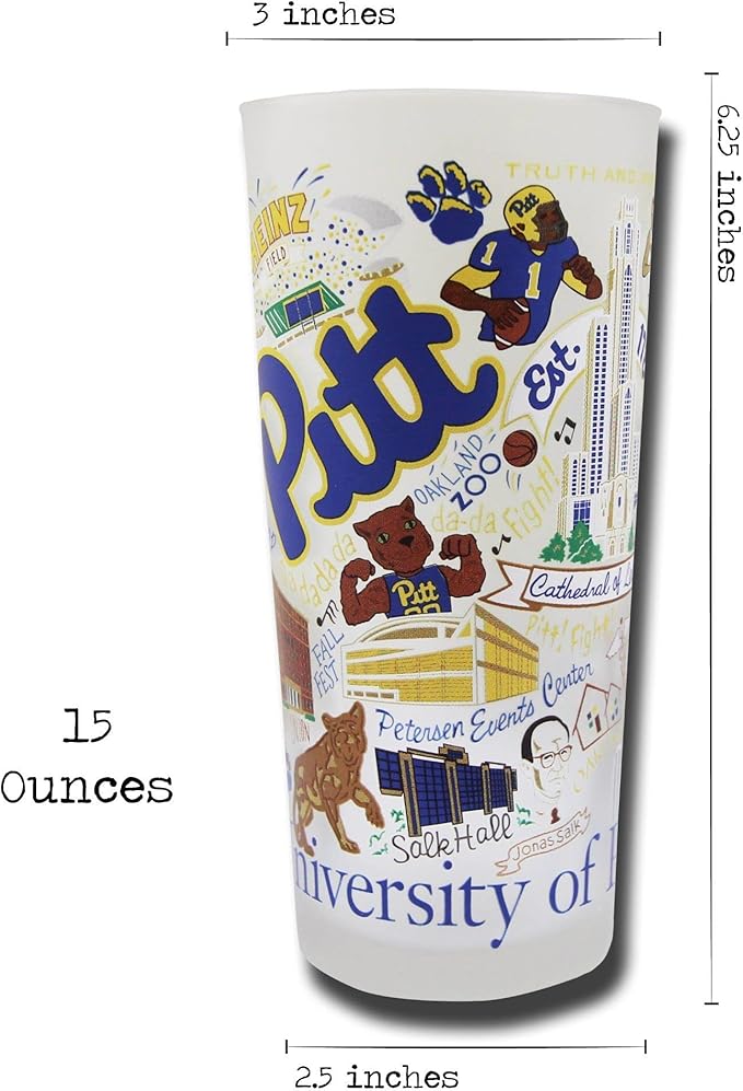 Catstudio Drinking Glass, University of Pittsburgh Glass Cup for Kitchen, 15oz Dishwasher Safe Tumbler for Pitt Alumni