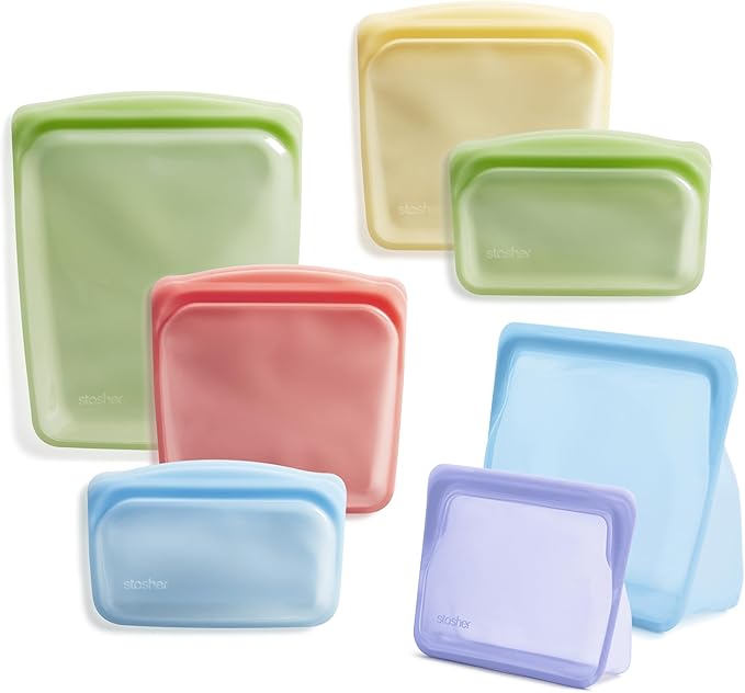 Stasher Premium Silicone Reusable Food Storage Bags, 7-Pack, Rainbow, Multi-Use Food Storage Bags, Lunch Bag, Travel Containers, BPA Free, Leak-free, Dishwasher-Safe, Eco-friendly