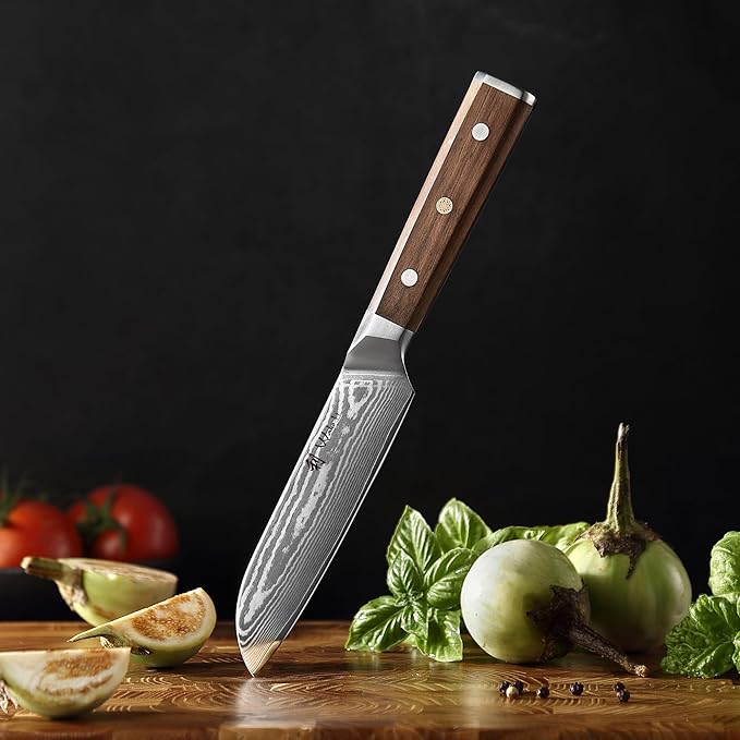 Wakoli HIK Damascus Small Santoku Knife – Full Tang Multipurpose Kitchen Knife | 5-Inch Blade Made of 67-Layer Damascus Steel with VG10 Core | Walnut Wood Handle | Sharp, Durable