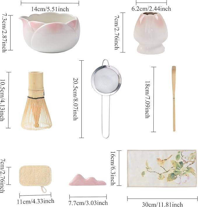 8 traditional matcha bowls with spouts, ceramic matcha bowls (Chawan), matcha mixing bowls for stirring matcha, tulip style (White and pink)