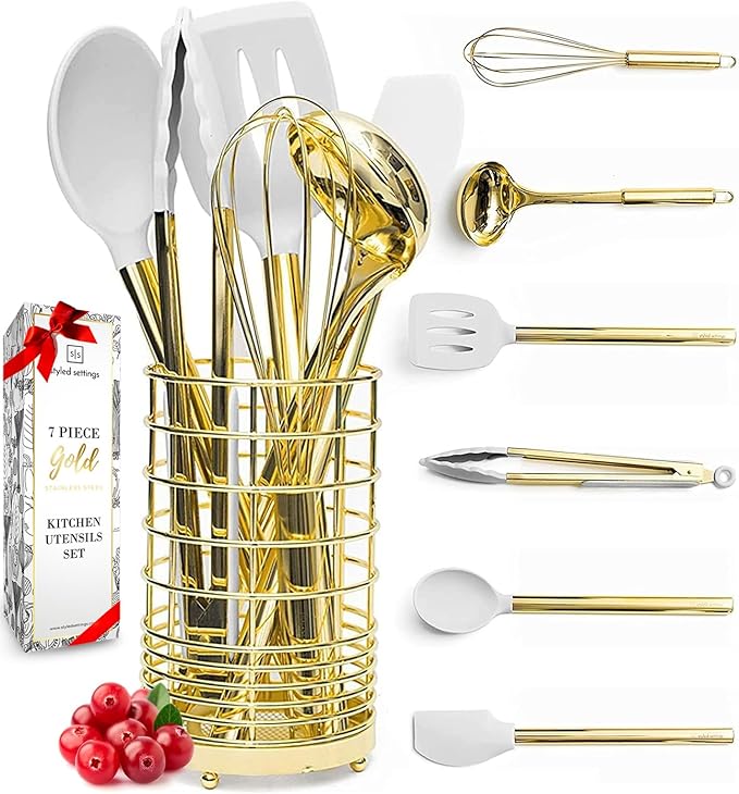 White Silicone and Gold Cooking Utensils Set with Gold Utensil Holder - 7-Piece Silicone Cooking Tools - Ideal for Nonstick Cookware and Stylish Modern Kitchens - Luxury Kitchen Accessories