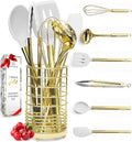 White Silicone and Gold Cooking Utensils Set with Gold Utensil Holder - 7-Piece Silicone Cooking Tools - Ideal for Nonstick Cookware and Stylish Modern Kitchens - Luxury Kitchen Accessories