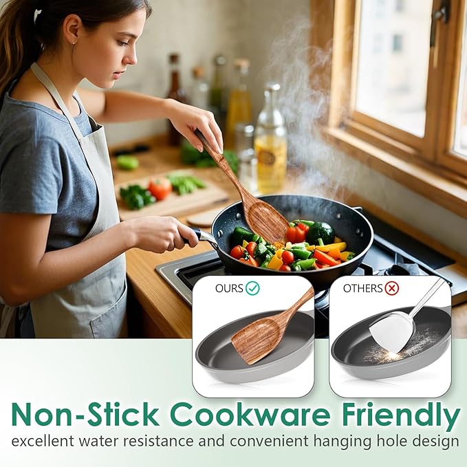 Wooden Spoons for Cooking, 6-Piece Natural Teak Wood Cooking Utensils Set – Wooden Kitchen Utensils Set with Smooth Finish Comfort Grip, Nonstick Safe Non-Toxic Wooden Cooking Tools by