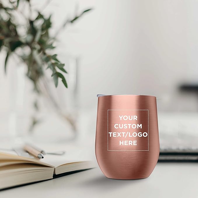 Custom Stemless Wine Glass Tumblers with Lids by Largo 11 oz. Set of 12, Personalized Bulk Pack - Perfect for Wine, Cocktails, Other Hot & Cold Beverages - Rose Gold