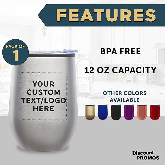 DISCOUNT PROMOS Custom Stemless Wine Tumblers 12 oz. Set of 1, Personalized Bulk Pack - Insulated, Perfect for Wine, Cocktails, Other Hot & Cold Beverages - Silver