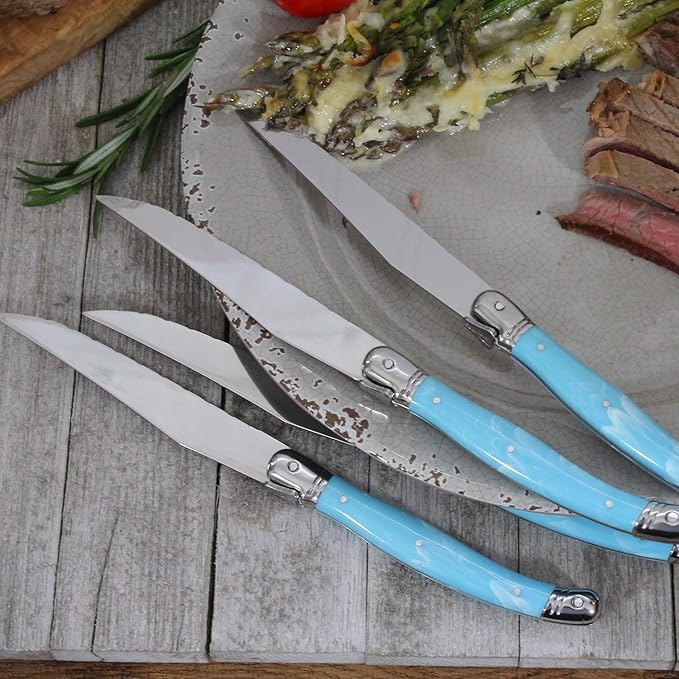 French Home Laguiole 4-Piece Steak Knife Set – Sophisticated Stainless Steel Dinner Knives with Faux Turquoise Handles & Iconic Bee Emblem – Serrated Knives for Smooth Cutting (9.25")