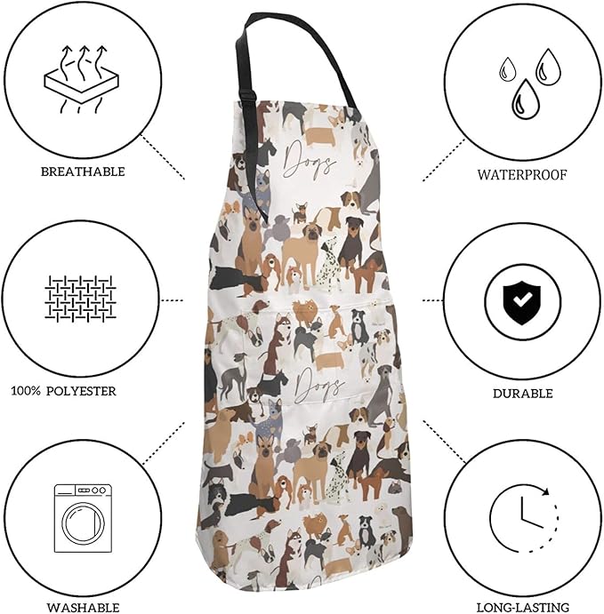 Cat and Dogs Animals Adjustable Bib Neck Chef Aprons, Kitchen Bbq Waterproof Apron with 2 Pockets For Mom Dad