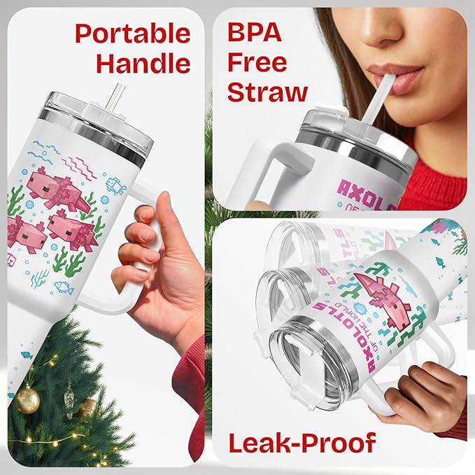 34HD Pixel Axolotl 40oz Tumbler with Handle and Straw – Cute Sea Animal Stainless Steel Water Cup – Insulated Coffee Travel Mug for Kids, Gamers, Women, Axolotl Lovers, Birthday Gift Christmas Gift