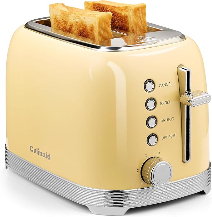 Toaster 2 Slice Retro Stainless Steel with 1.5” Extra Wide Slots Bagel, Defrost, Reheat, Cancel Functions, 6 Bread Shade Settings, Removable Crumb Tray, Yellow