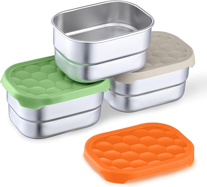 Homikit 3 Pack Snack Containers for Kids, 18/10 Stainless Steel Toddler Lunch Box with Silicone Lids, Reusable Bento Food Container Set for School Daycare, Nontoxic & Leak Proof, Green/Khaki/Orange