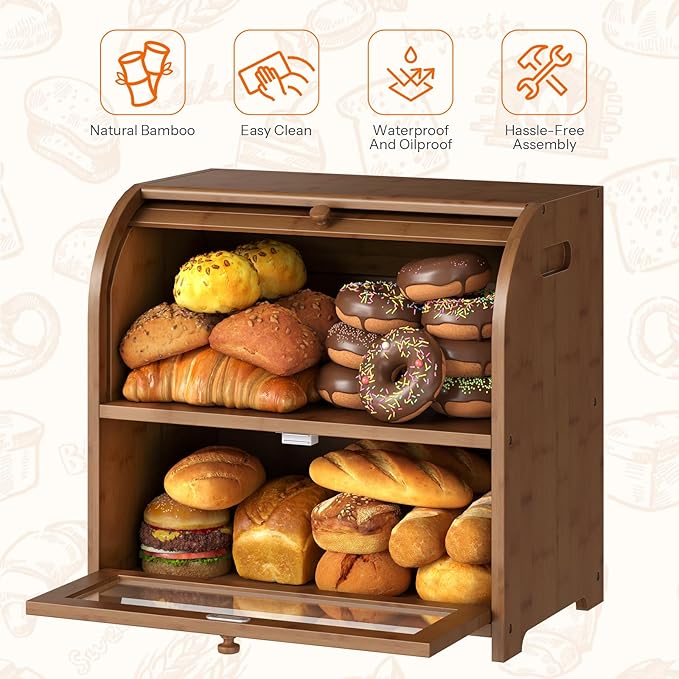 HOOBRO Bread Box, Bamboo Bread Box for Kitchen Countertop, 2 Tier Roll-Top Bread Bin, Food Storage Box, Large Capacity Keeper, Wooden Storage Cabinet, for Kitchen, Dining Room, Brown BR13MB01