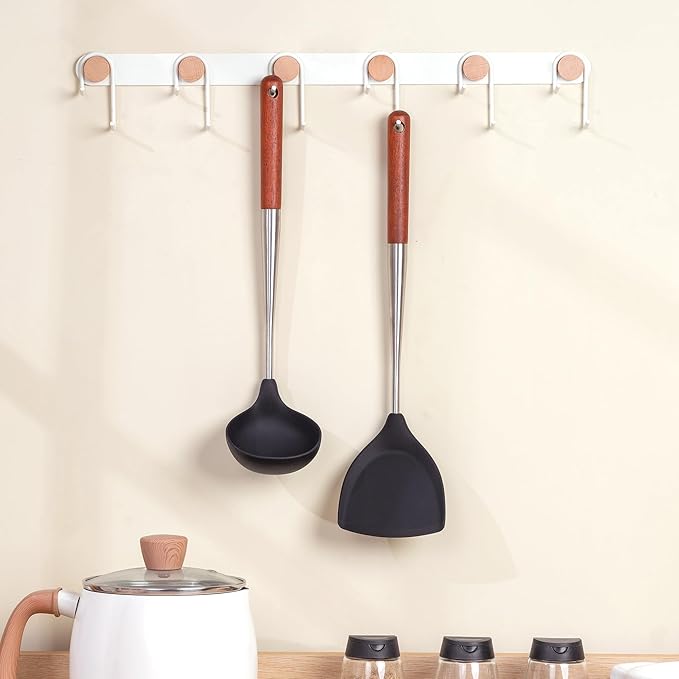 FJNATINH Silicone Spatula Ladle Set - BPA Free Stainless Steel Non Stick Heat-Resistant Kitchen Tools Cooking Utensils Cookware with Wooden Handle, 2 Pcs