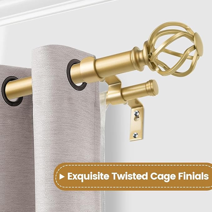 KAMANINA 1 Inch Double Curtain Rods 66 to 120 Inches (5.5-10 Feet) Telescoping Heavy Duty Drapery Rods for Windows 54 to 115 with Twisted Cage End, Warm Gold