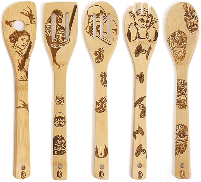 5 PCS Star Cooking Spoons - Burned Wooden Spoon Carved, Organic Bamboo Utensils, Star Gifts for Women Premium Quality Cooking Gifts for Housewarming and Wedding