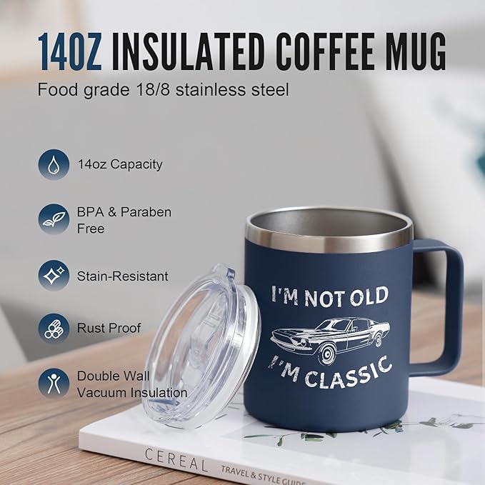 NOWWISH Christmas Gifts for Men, Husband, Grandpa, Dad - I am Not Old Mug - Retirement Gifts for Him, Coffee Mug on Stocking Stuffer (14oz, Navy Blue)