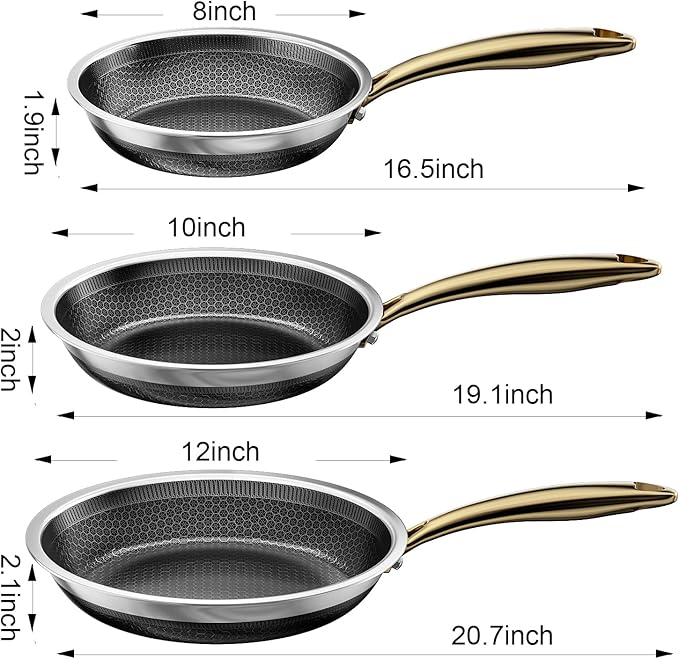 Fogdream 8"10"12" Stainless Steel Pan, Non Stick Frying Skillet, Tri-Ply Stainless Steel for All Cooktops, Dishwasher and Oven-Safe Cooking Pan, Stay-Cool Handle, Gold