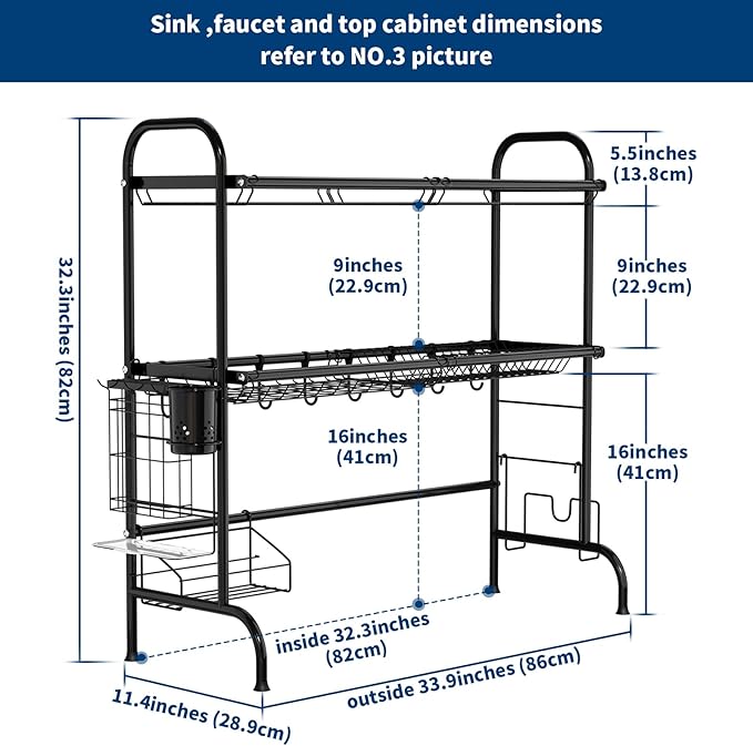 MOUKABAL Dish Drying Rack - Stainless Steel Over The Sink Dish Drying Rack (Expandable Length), 2 Tier Large Dish Rack with Utensil Holder, 32.3" - 33.9"(L) x 11.4"(W) x 32.3"(H) Black