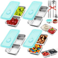 KITHELP 4 Pcs Grab and Go Snack Containers Reusable with Lids, Stainless Steel Double Compartment Snack Containers with 2 Forks 2 Spoons and 2 Salad Dressing Container, for Camping, Lunch, Dessert