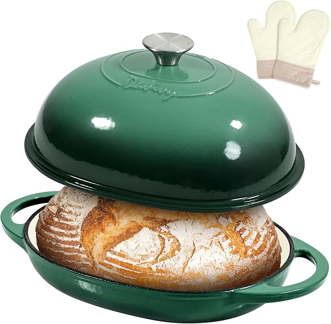 Davivy Cast Iron Oval Bread Pan with Lid 6QT, Dutch Oven for Sourdough Bread, Non-stick Cast Iron Sourdough Baking Pan with Silicone Oven Mitts - Foreset Green