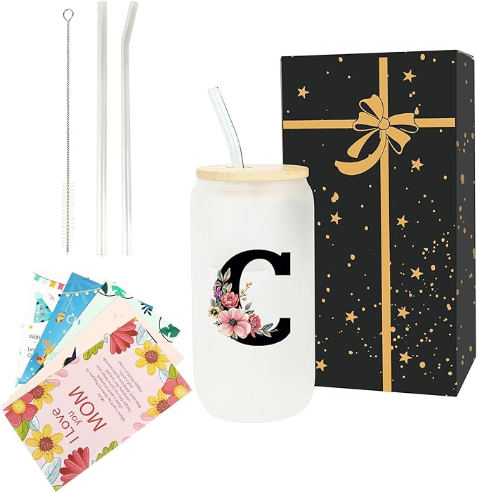 Monogrammed Glass Drinking Cup With Lid Straw Personalized Customized Post Cards Girlfriend Gf Gifts Future Mrs for Her Women Boyfriend Anniversary Cute Romantic Christmas Xmas First Valentines,C