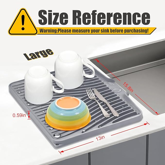 Silicone Dish Drying Mat for Kitchen Counter, Dish Drying Pad, Non-Slip Drain Pad with Built-in Drain, Heat Resistant Stone Drying Mat(15.8" x 13", Grey)