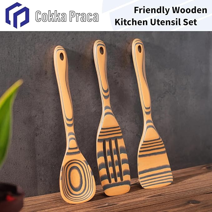Dishwasher Safe Handcraft Wooden Spoons for Cooking-3PCS Sturdy Wooden Spoons Set, Wooden Kitchen Utensil Set for Nonstick Cookware, Heat Resistant