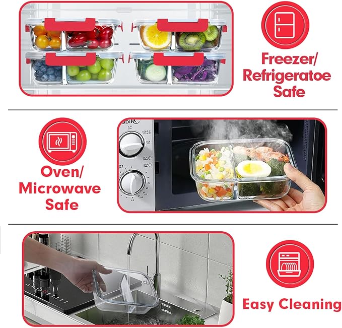 VERONES 10 Pack Glass Meal Prep Containers 2 Compartment Set, 30 OZ Airtight Glass Lunch Containers, Food Storage Containers with Lids, for Microwave, Oven, Freezer & Dishwasher Friendly，Red