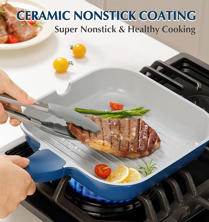 KOCH SYSTEME CS 11 Inch Nonstick Grill Pan for Stove Tops, Square Griddle Pan with Pour Spouts, Grill Pan for Indoor Cooking, Grill Skillet with Bakelite Handle, PTFE & PFOA Free, Blue