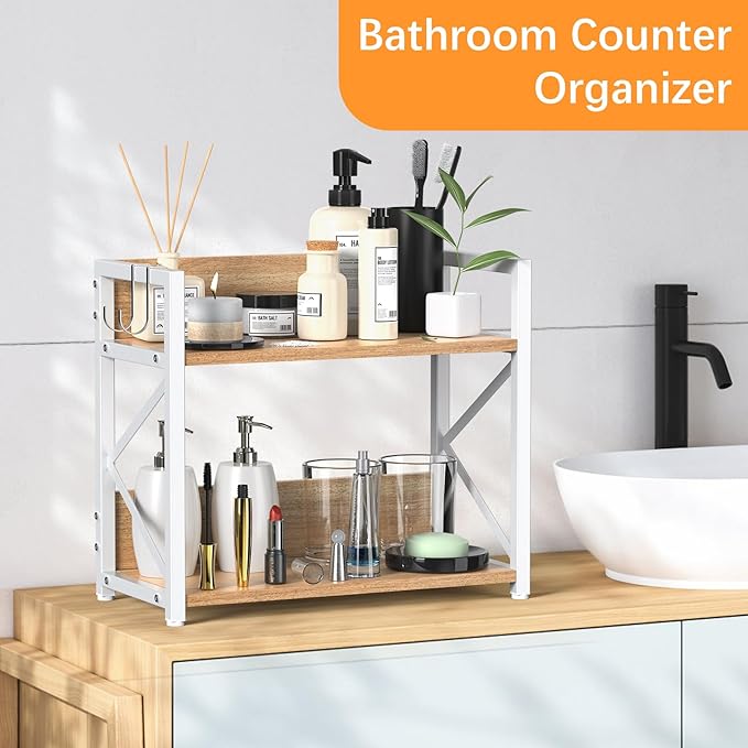 Kitchen-Countertop-Organizer-Shelf, 2 Tier Coffee Bar Station Organizer for Counter,Wooden Spice Rack Shelf, Space Saving Desk Shelving Riser Unit, Coffee Bar Accessories (Maple, Large)