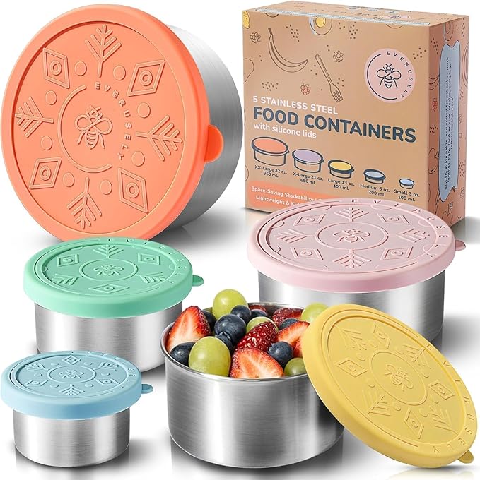 Everusely - Stainless Steel Containers with Lids - Set of 5, Bright Collection - Leakproof Stainless Steel Food Containers - Nesting Snack Holders - Metal Lunch Box - Portable & Reusable Meal Kit